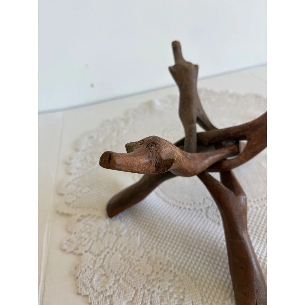 Vintage Hand Carved Wood Cobra Tripod Stand Interlocking Display 8 Inch